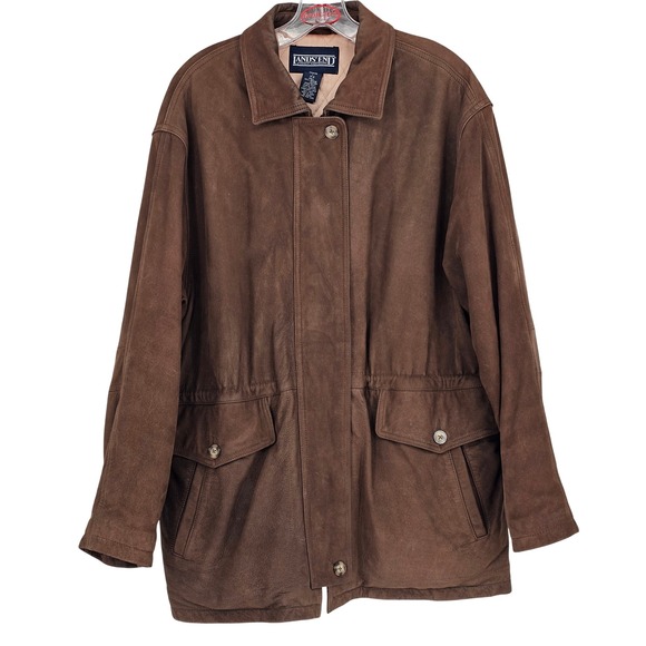 Lands' End Jackets & Blazers - Vintage Lands End Leather Field Jacket L Brown Quilted Wool Lined Cinched Barn